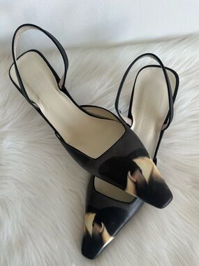 Icon Women’s Navy Art Print “The Kiss” Leather Block Heeled Sling Back Size 7.5
